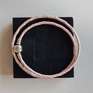 Pandora Double Wrap Light Pink Leather Bracelet – 16" – Sterling Silver Clasp